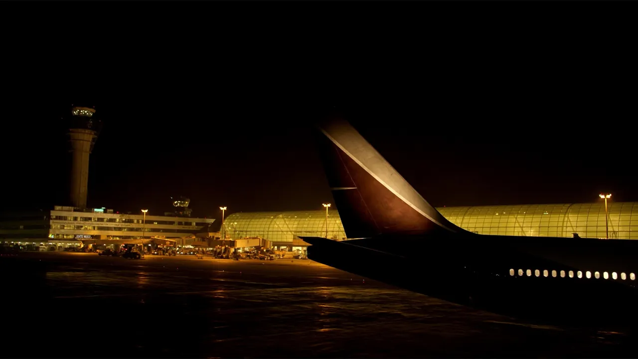 Avión en la pista de noche, Aeropuerto Internacional de Oakland