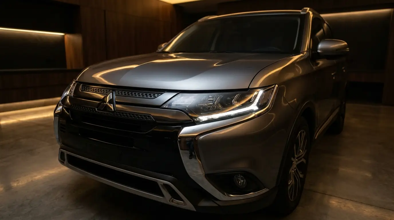 Front detail of a gray Mitsubishi Outlander in an elegant private garage