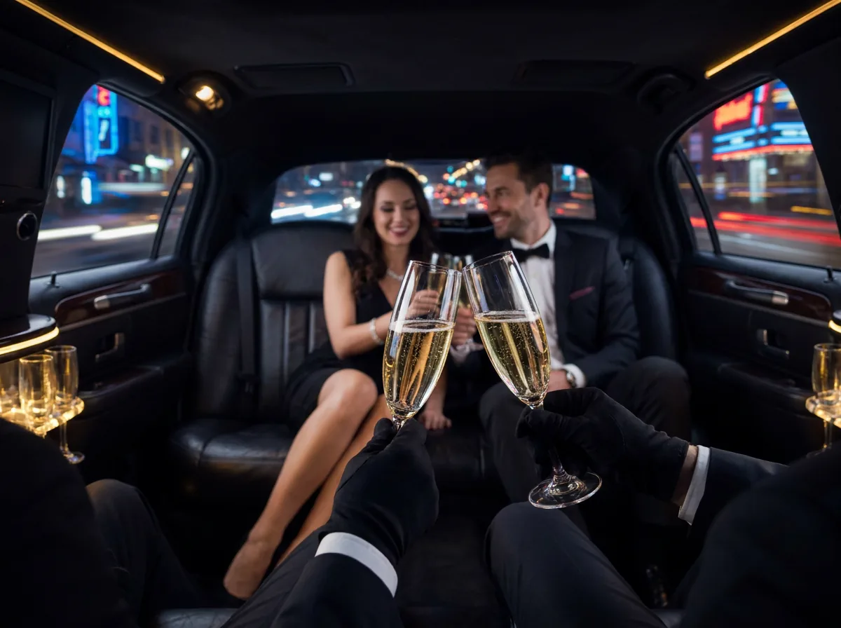 Passengers toasting with champagne in the back seat on a premium night out