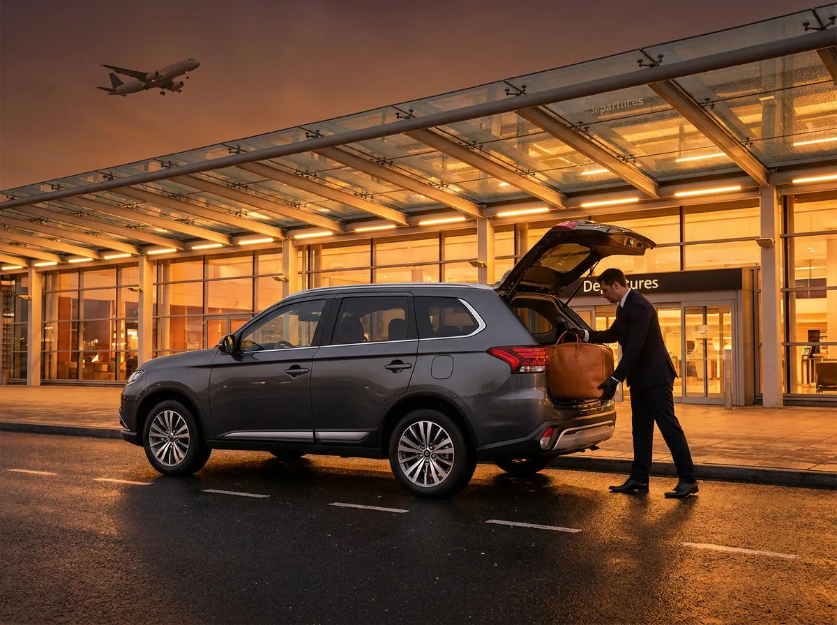 Chauffeur loading luggage into a gray Mitsubishi Outlander at the departures terminal