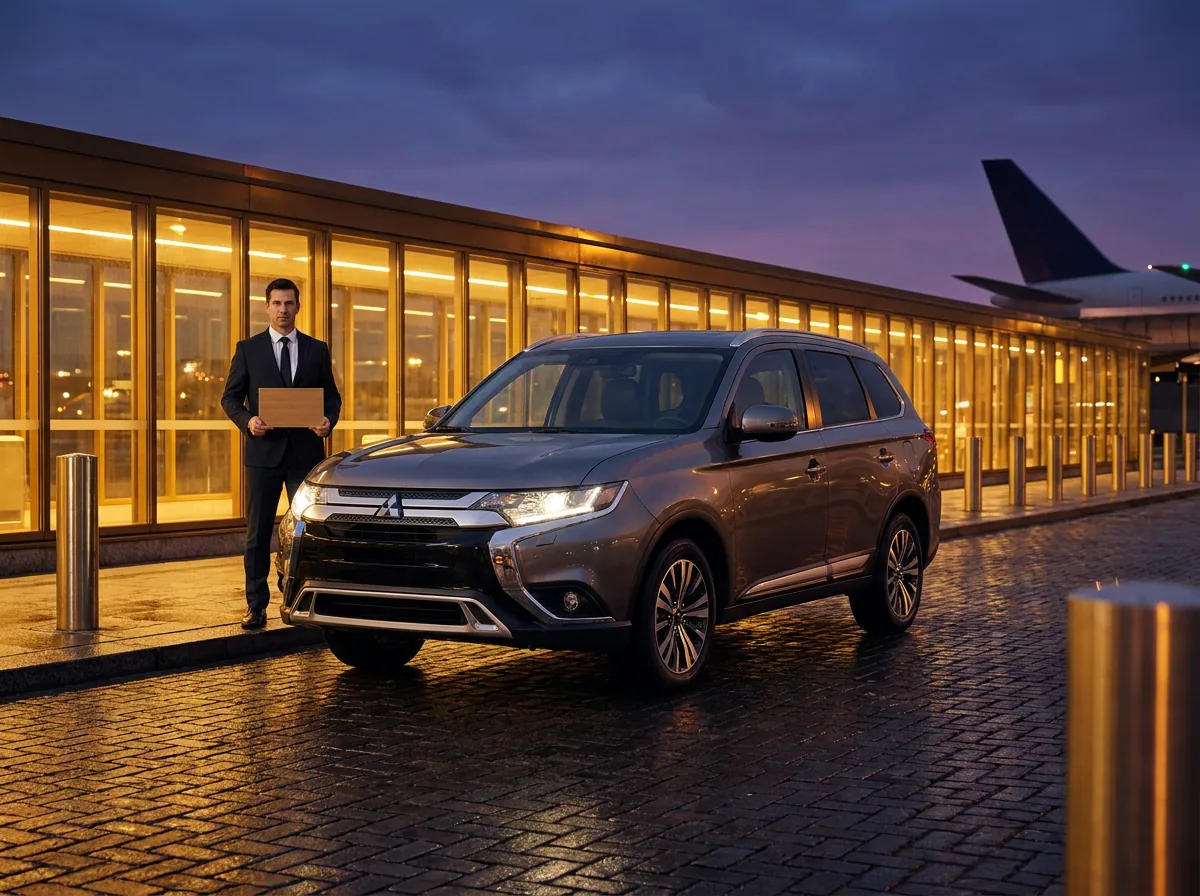 Chauffeur welcoming an arriving passenger beside a gray Mitsubishi Outlander at the airport