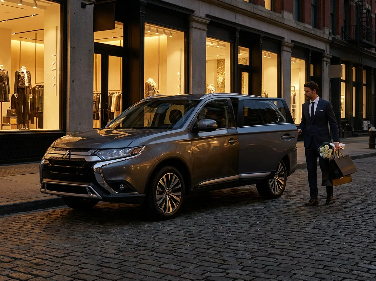 Chauffeur assisting with shopping bags beside a gray Mitsubishi Outlander outside upscale boutiques